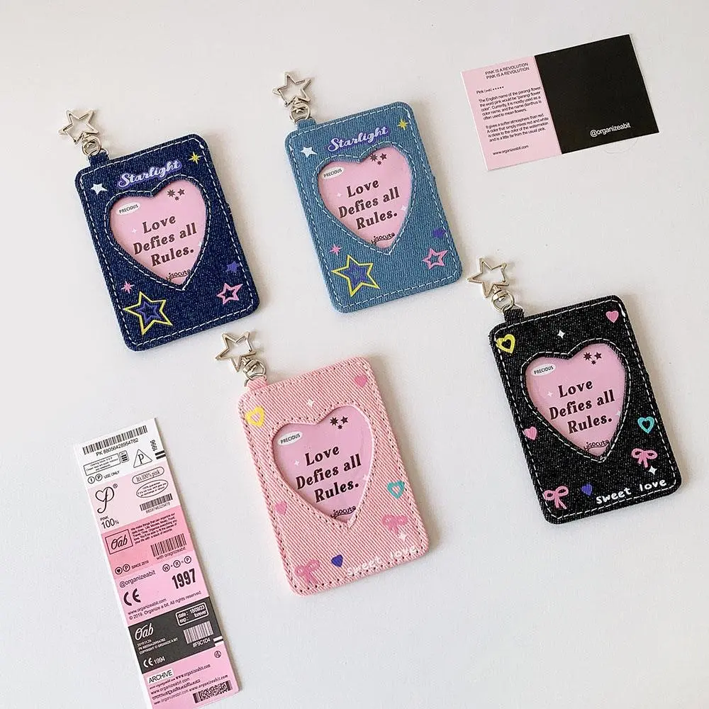 INS Denim 3inch Card Holder Y2K Small Card Storage Case Cowboy Idol Photo Card Holder With Pendant Backpack Hanging Keychain