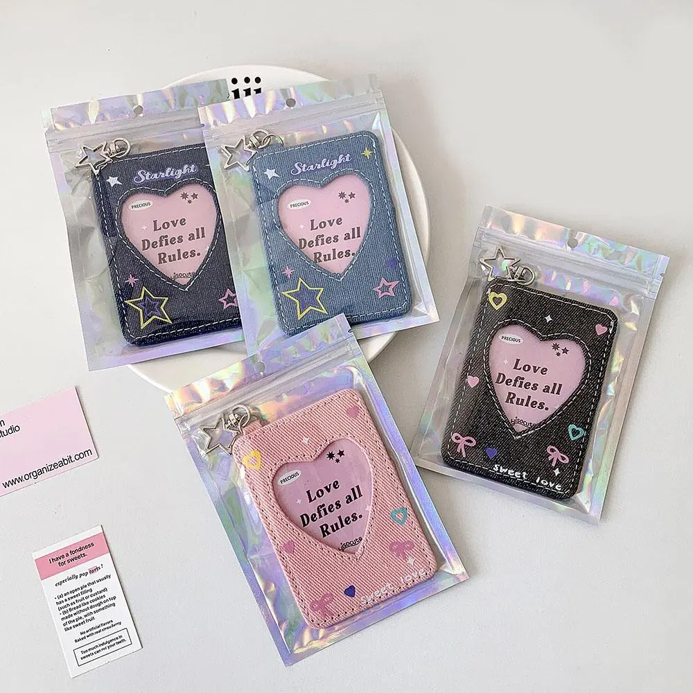 INS Denim 3inch Card Holder Y2K Small Card Storage Case Cowboy Idol Photo Card Holder With Pendant Backpack Hanging Keychain