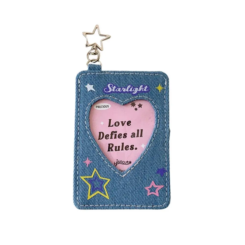 INS Denim 3inch Card Holder Y2K Small Card Storage Case Cowboy Idol Photo Card Holder With Pendant Backpack Hanging Keychain