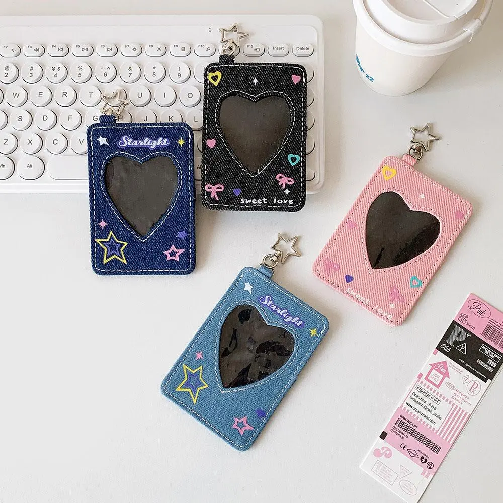 INS Denim 3inch Card Holder Y2K Small Card Storage Case Cowboy Idol Photo Card Holder With Pendant Backpack Hanging Keychain