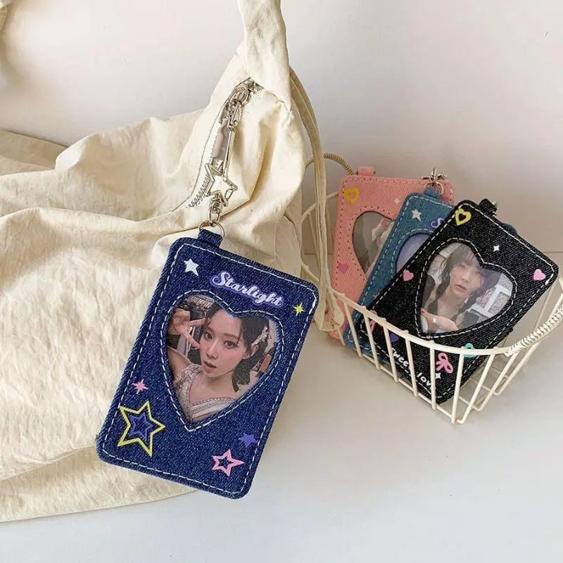 INS Denim 3inch Card Holder Y2K Small Card Storage Case Cowboy Idol Photo Card Holder With Pendant Backpack Hanging Keychain