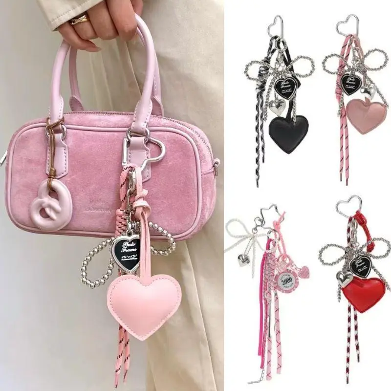 Ins Glossy Leather Heart Pearl Bow Keyring Y2K Long Tassel Bowknot Keychain Miu Pendant Korean Bag Charms Hanging Accessories
