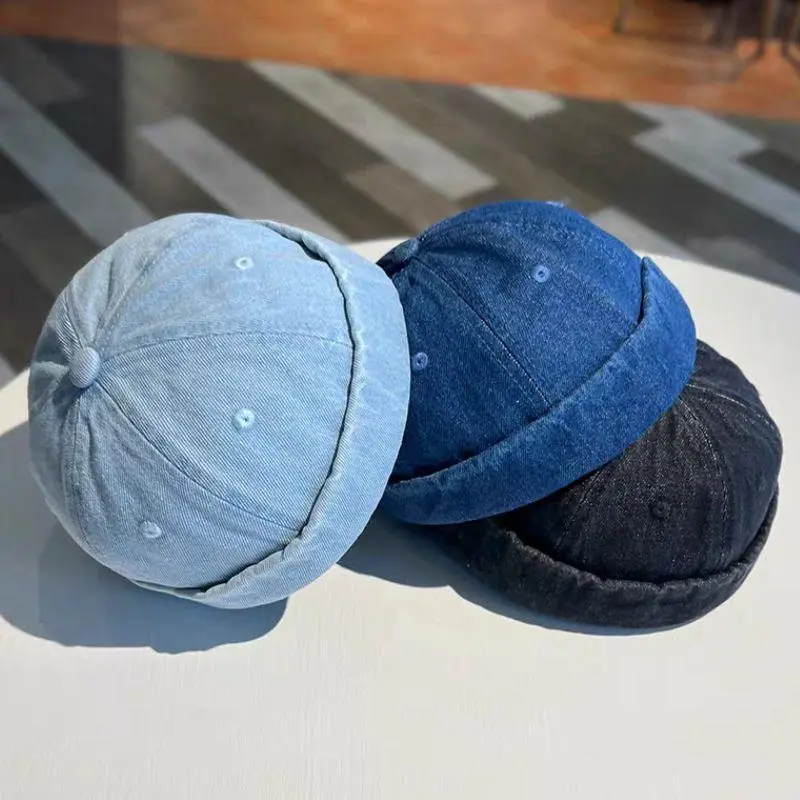 Fashion Denim Docker Cap Brimless Hat Solid Skullcap Solid Color Sailor Cap Beanie Hats Men Women Bucket Cap Adjustable Dad Hat