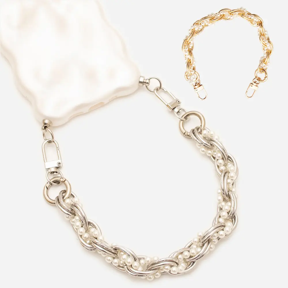Vintage Pearl Bag Strap Purse Handbag Handles Clutch Bag Accessories Metal Pearl Phone Lanyard Replacement Handles Bag Hardware