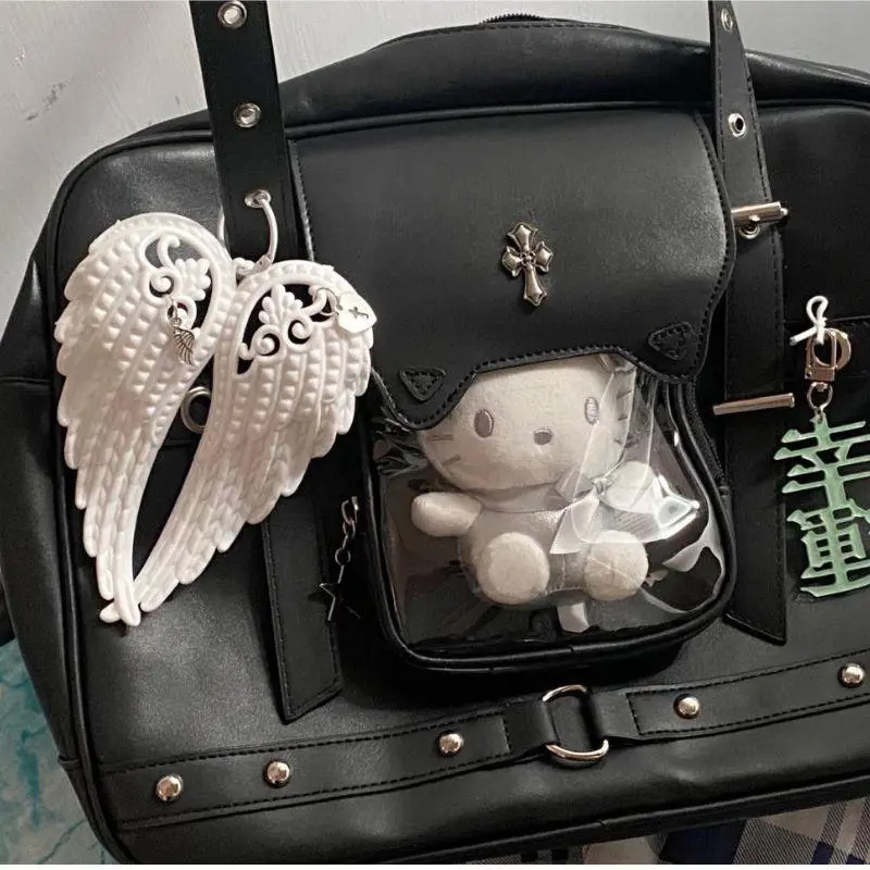Y2K Angel Wings Bag Pendant Heart Cross White DIY Keychain Bag Hanging Decoration Sweet Punk Bag Charms Backpack Accessories