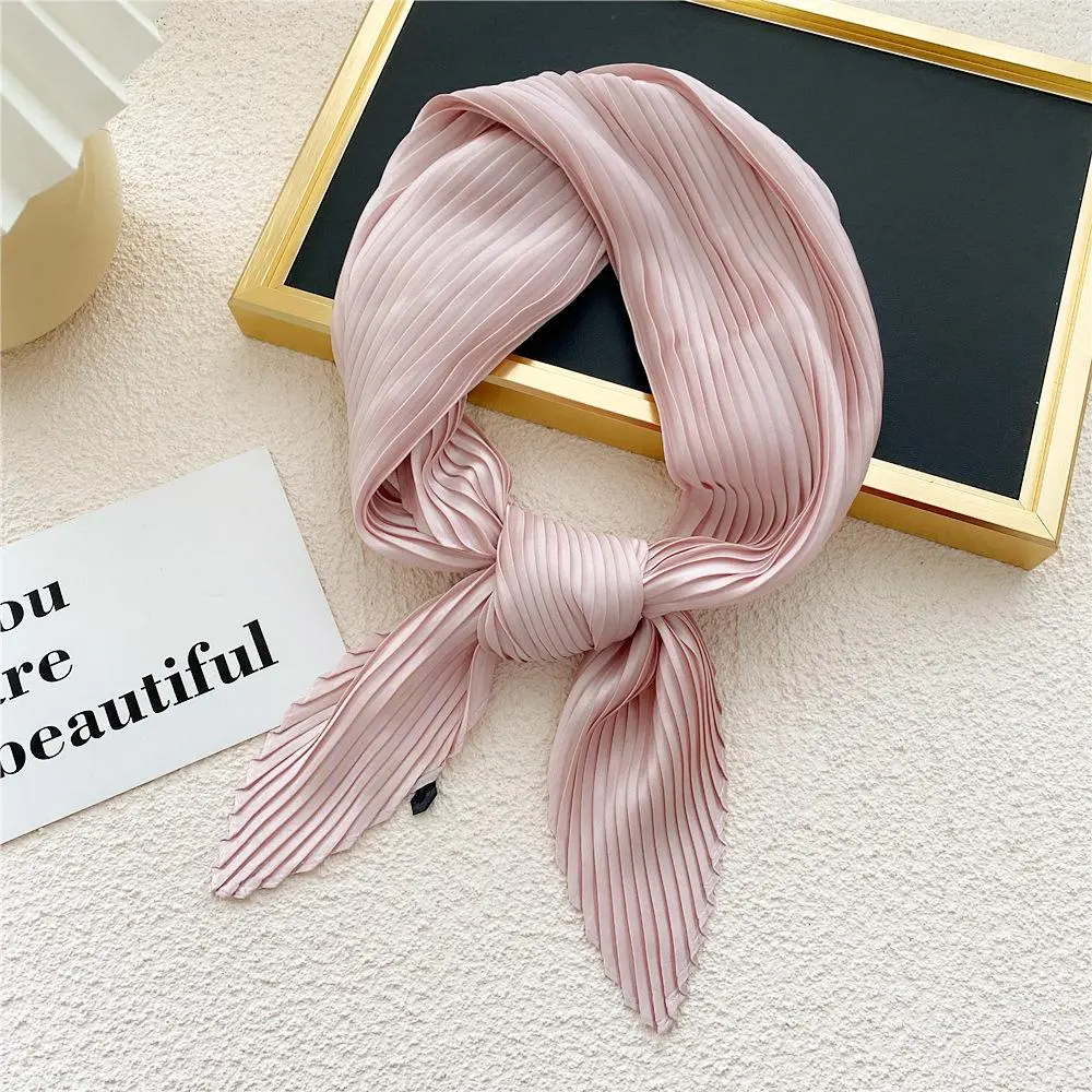 70*70cm Women's Pleated Print Silk Scarf Satin Spring Summer Scarves Square Neckerchief Solid Headscarf Decorative Headscarf