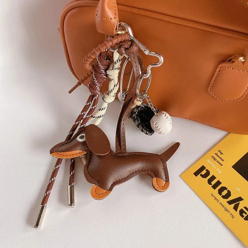 Classic Cute Leather Puppy Dog Keychain Pendant Lovely Dachshund Bag Charm Phone Pendant Trinket Key Ring Accessories Jewelry