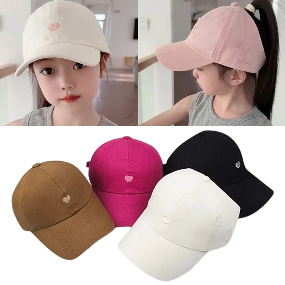 2024 Children Girls Ponytail Baseball Caps Sun Hats Baseball Caps Adjustable Solid Color Love Heart Designs Peaked Caps Hat