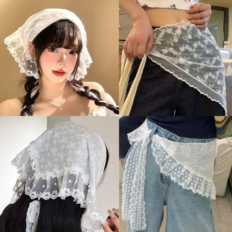 Retro Lace Triangle Headscarf Hollow Embroidered Floral Neck Scarf Crochet Hair Scarf Bandanas Lace Mini Skirts Streetwear