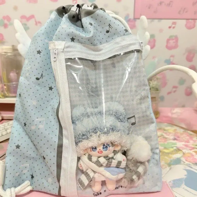 Y2k Transparent Pockets Drawstring Bag Japan Harajuku Backpacks Badge Star Print Large Capacity Student Drawstring Backpack