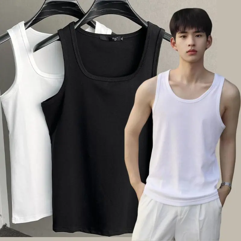 2024 Summer Plus Size Men Clothing Women Solid Square Neck Ribbed Tank Top Camisole Men Clothing Singlets Basic Elastic Tank Top