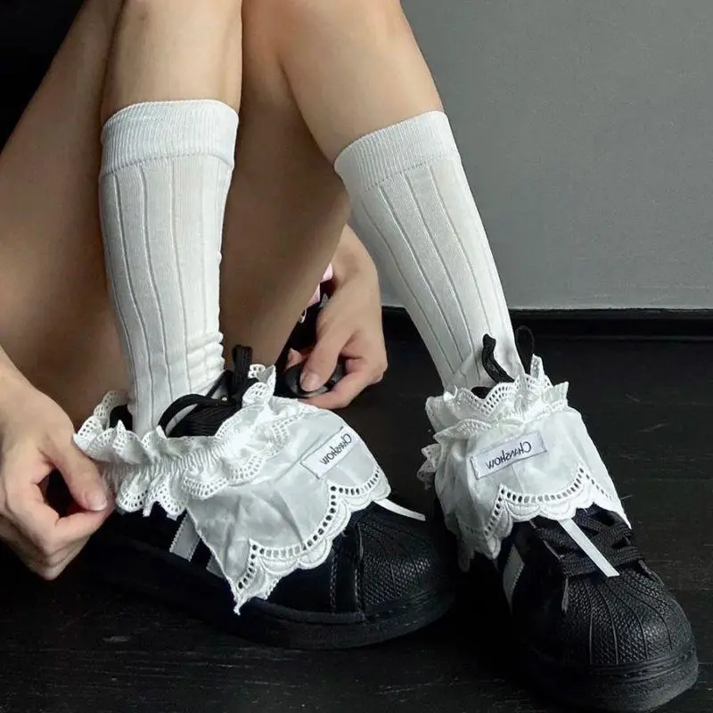 Y2K Korean White Lace Socks Cuffs Cute Bowknot Socks Covers JK Lolita Leg Warmer Fashion Foot Cover Girls Pile Up Socks Cuffs