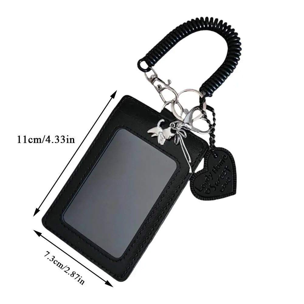 Black PU Leather Silver Cat Bow Pendant Photo Card Holder Student Campus Card ID Card Holder Campus Card Holder Keychain