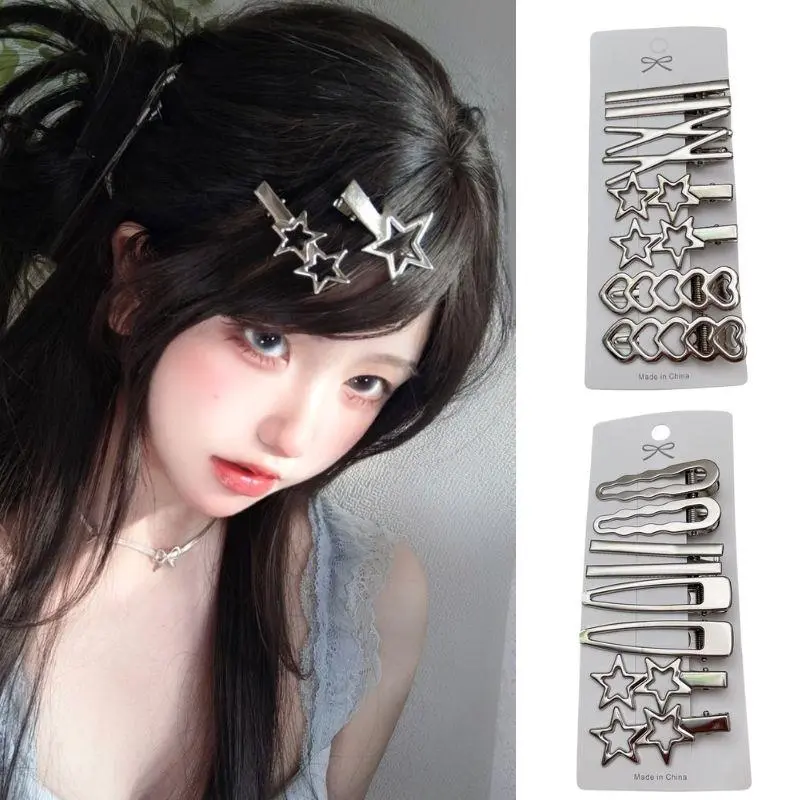 8pcs/set Metal Silver Hair Clips Korean Y2K Hairpin Barrettes Spicy Girl Bang Side Clip Hair Accessories Geometric Duckbill Clip