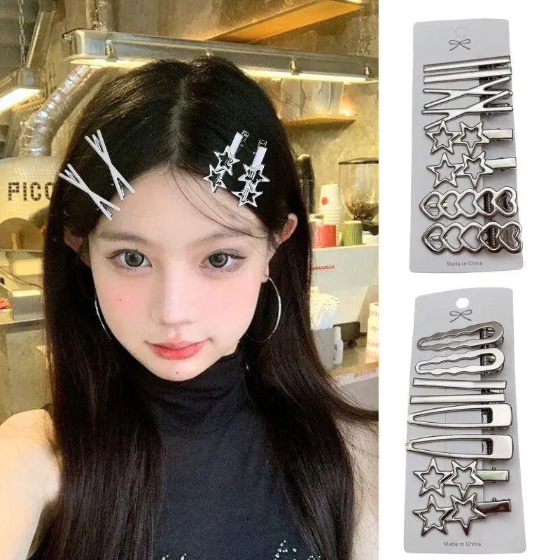 8pcs/set Metal Silver Hair Clips Korean Y2K Hairpin Barrettes Spicy Girl Bang Side Clip Hair Accessories Geometric Duckbill Clip