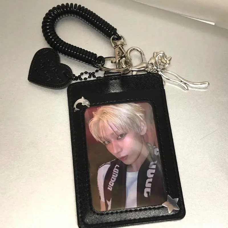 Black PU Leather Silver Cat Bow Pendant Photo Card Holder Student Campus Card ID Card Holder Campus Card Holder Keychain