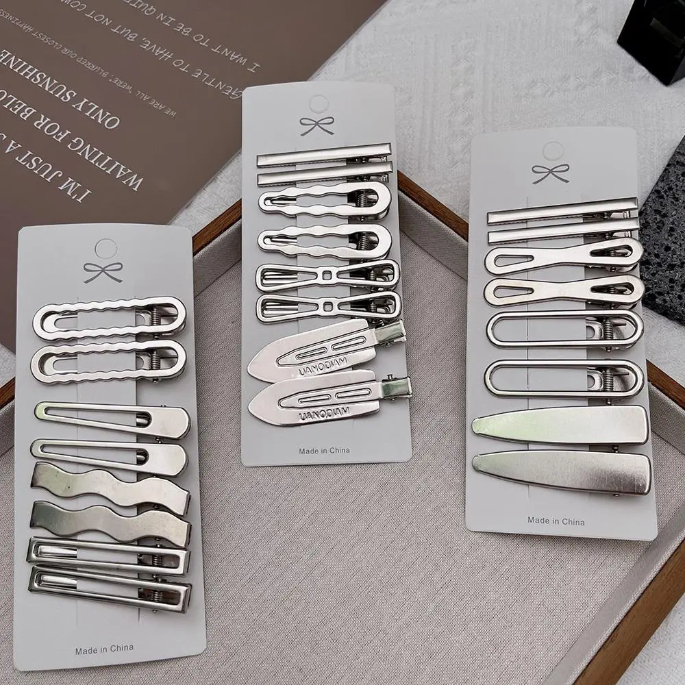 8pcs/set Metal Silver Hair Clips Korean Y2K Hairpin Barrettes Spicy Girl Bang Side Clip Hair Accessories Geometric Duckbill Clip