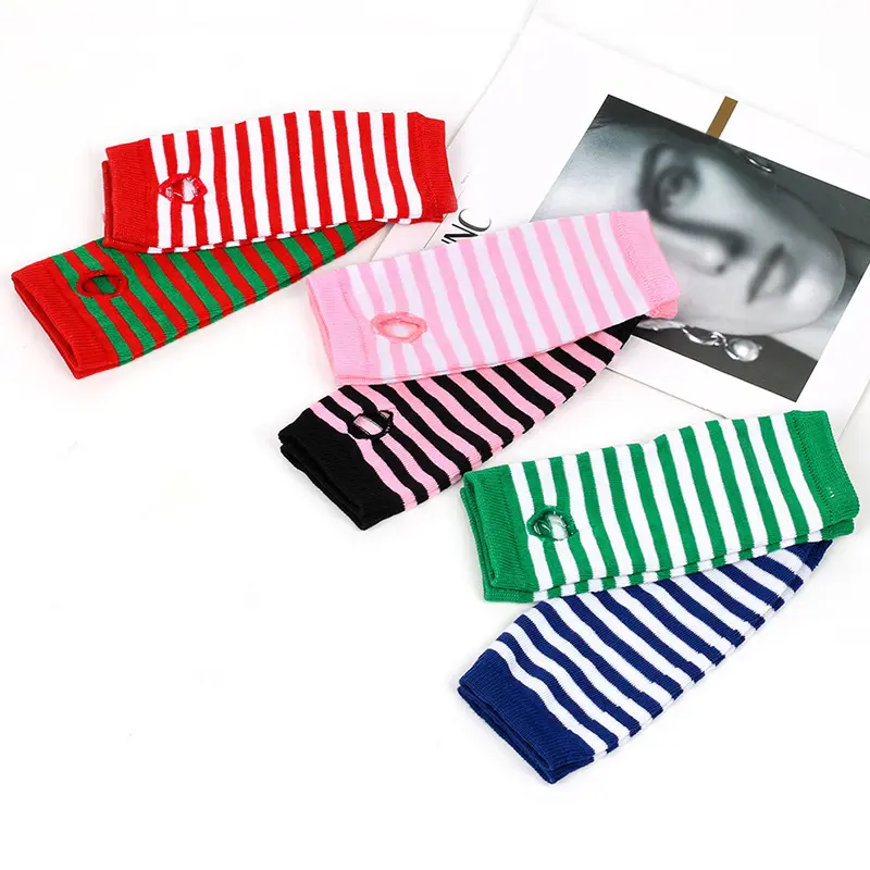 1Pair Women Arm Warmer Fingerless Long Gloves Knitted Striped Warm Mittens Black Knitted Wristband Winter Protection Arm Warmer