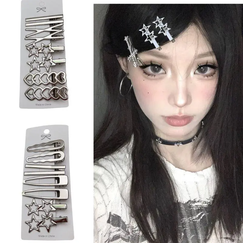 8pcs/set Metal Silver Hair Clips Korean Y2K Hairpin Barrettes Spicy Girl Bang Side Clip Hair Accessories Geometric Duckbill Clip