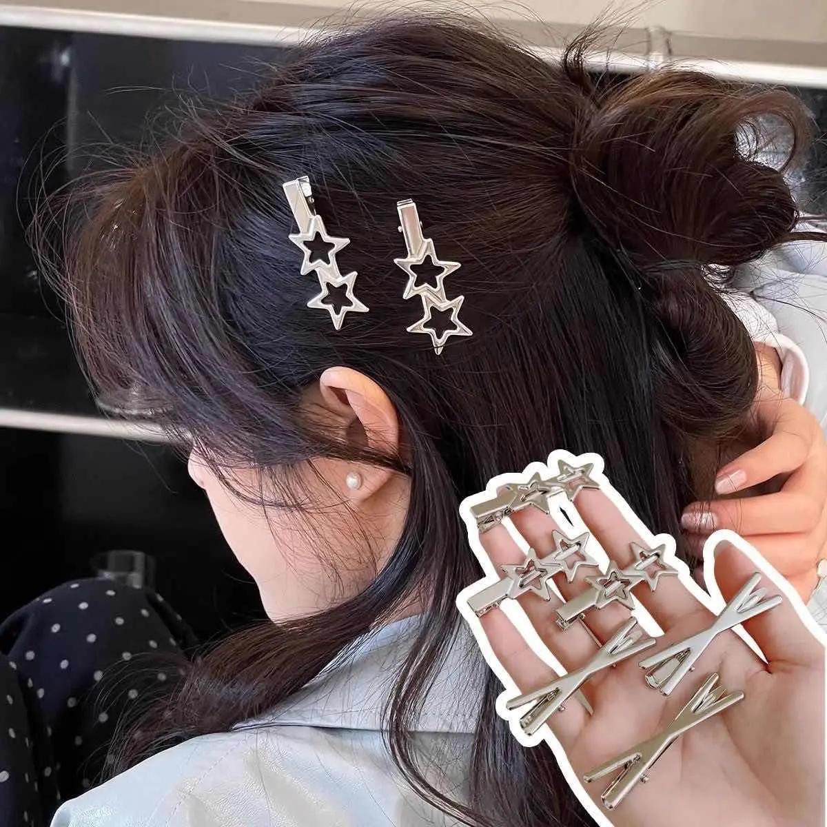 8pcs/set Metal Silver Hair Clips Korean Y2K Hairpin Barrettes Spicy Girl Bang Side Clip Hair Accessories Geometric Duckbill Clip