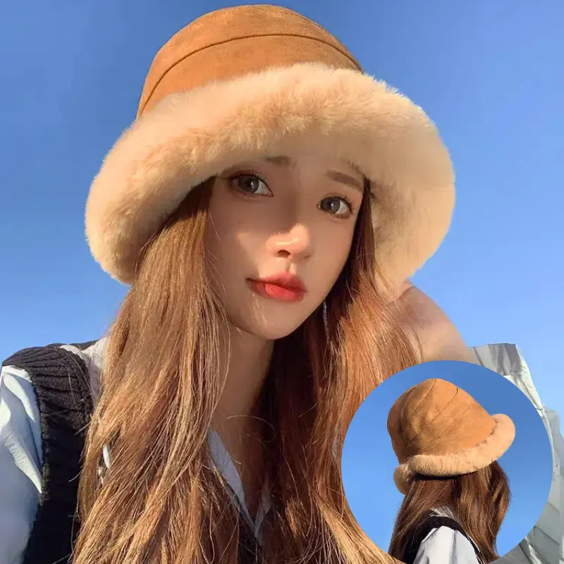 Winter Thicken Plush Fluffy Bucket Hat Women Faux Fur Warm Fisherman Cap Plus Velvet Panama Hat Warm Cold Protection Cap
