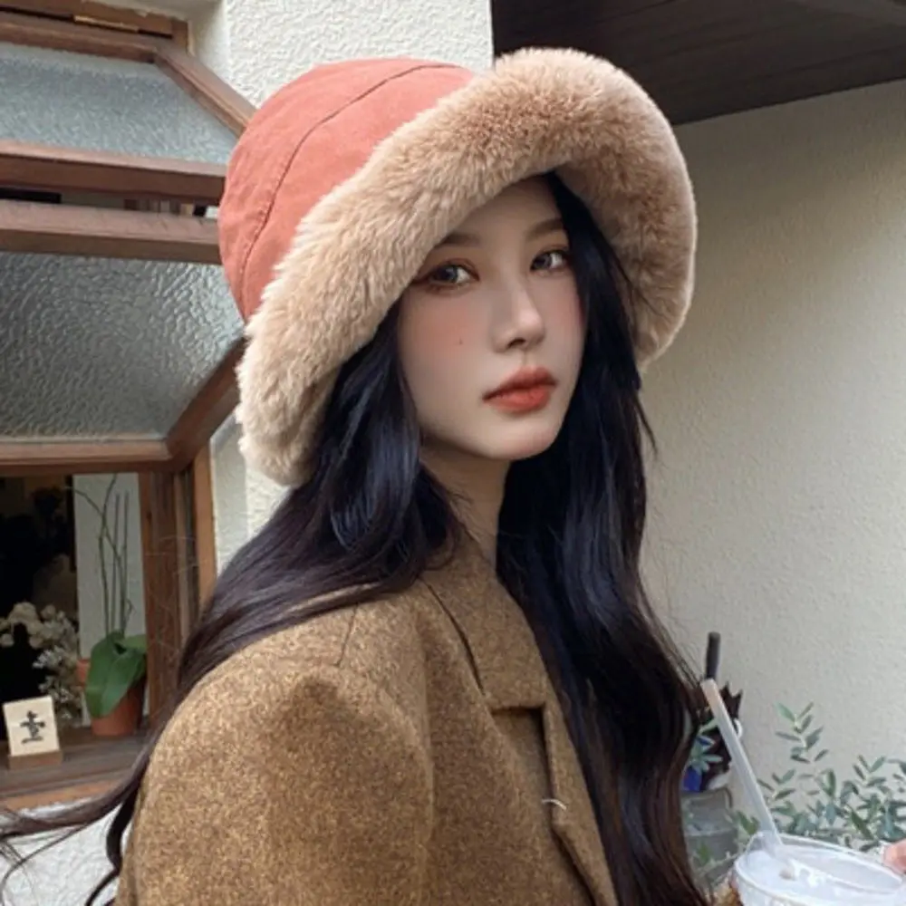 Winter Thicken Plush Fluffy Bucket Hat Women Faux Fur Warm Fisherman Cap Plus Velvet Panama Hat Warm Cold Protection Cap