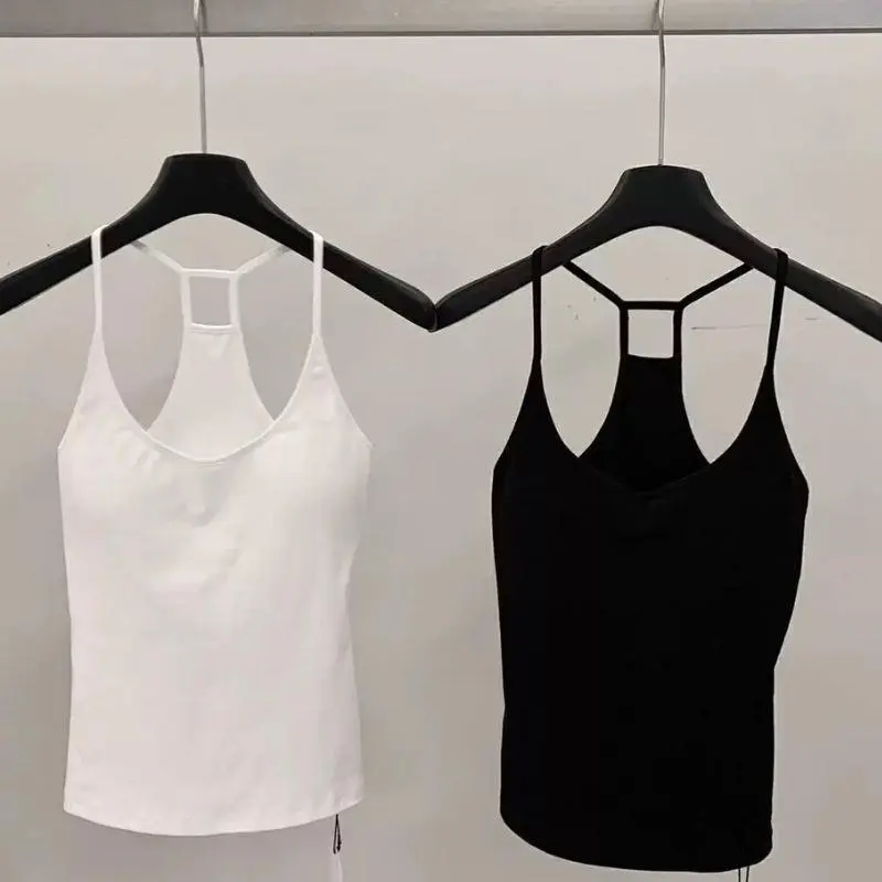 Korean Women's Solid Color Spaghetti Straps Sleeveless Slim Camisole With Chest Pad Wear Base Layer Summer Outdoor Wear