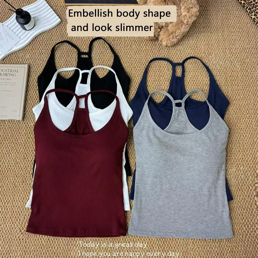 Korean Women's Solid Color Spaghetti Straps Sleeveless Slim Camisole With Chest Pad Wear Base Layer Summer Outdoor Wear