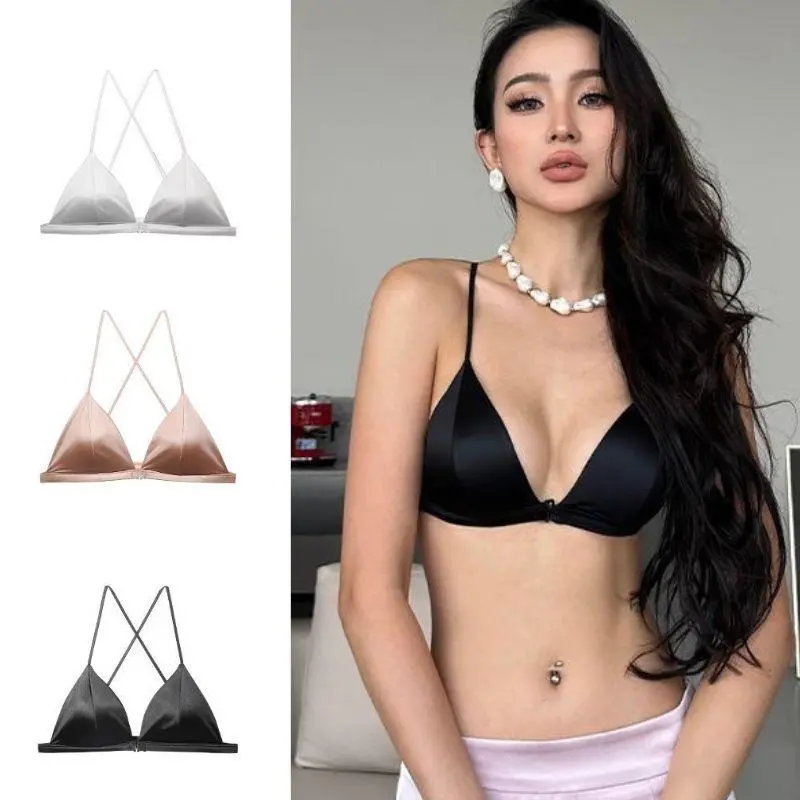 Women's French Style Bra Girl Small Flat Chest Adjustable Shoulder Strap Flat Chest Front Buckle Satin Sexy Underwear Lingerie