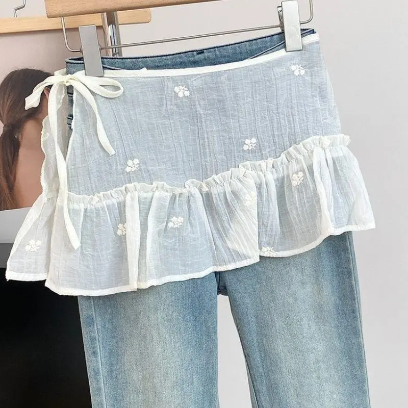 Lace-up Fashion Fart Curtain Y2k White Skirt For Women Pleated Lace Korean Style Skirt Curtain Floral Printed Casual Mini Skirts