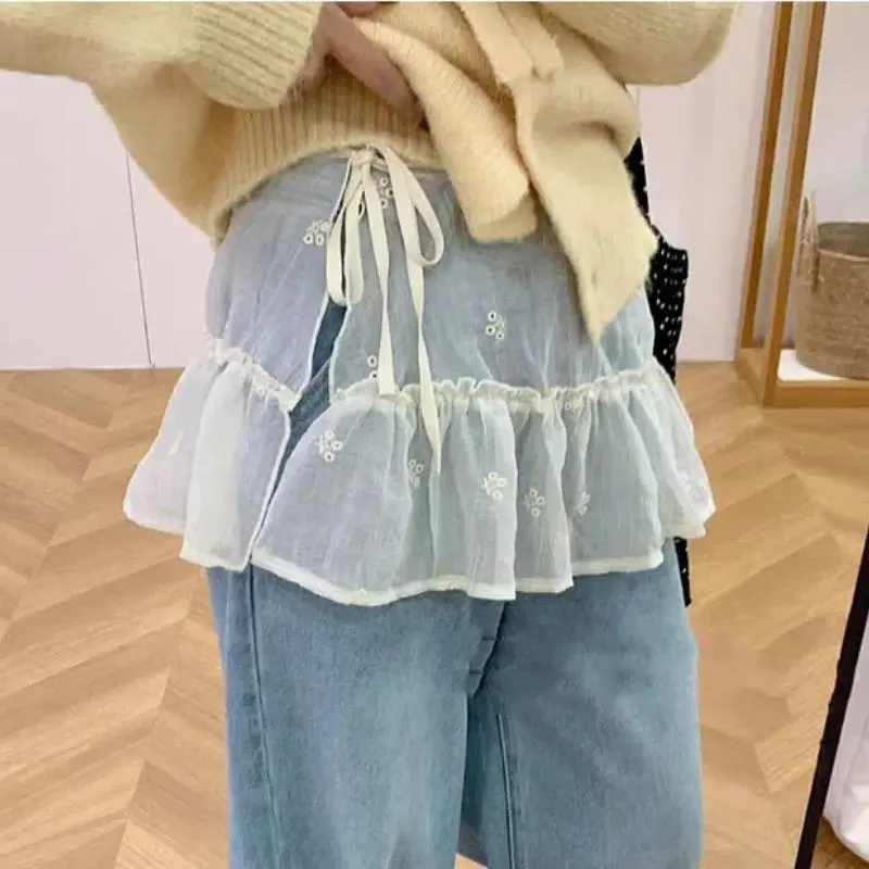 Lace-up Fashion Fart Curtain Y2k White Skirt For Women Pleated Lace Korean Style Skirt Curtain Floral Printed Casual Mini Skirts