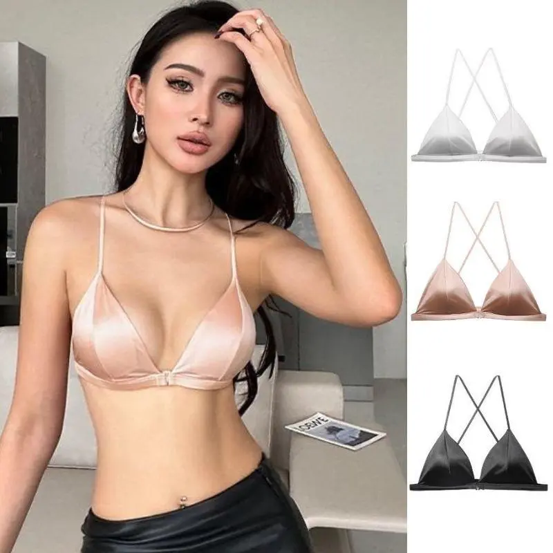 Women's French Style Bra Girl Small Flat Chest Adjustable Shoulder Strap Flat Chest Front Buckle Satin Sexy Underwear Lingerie