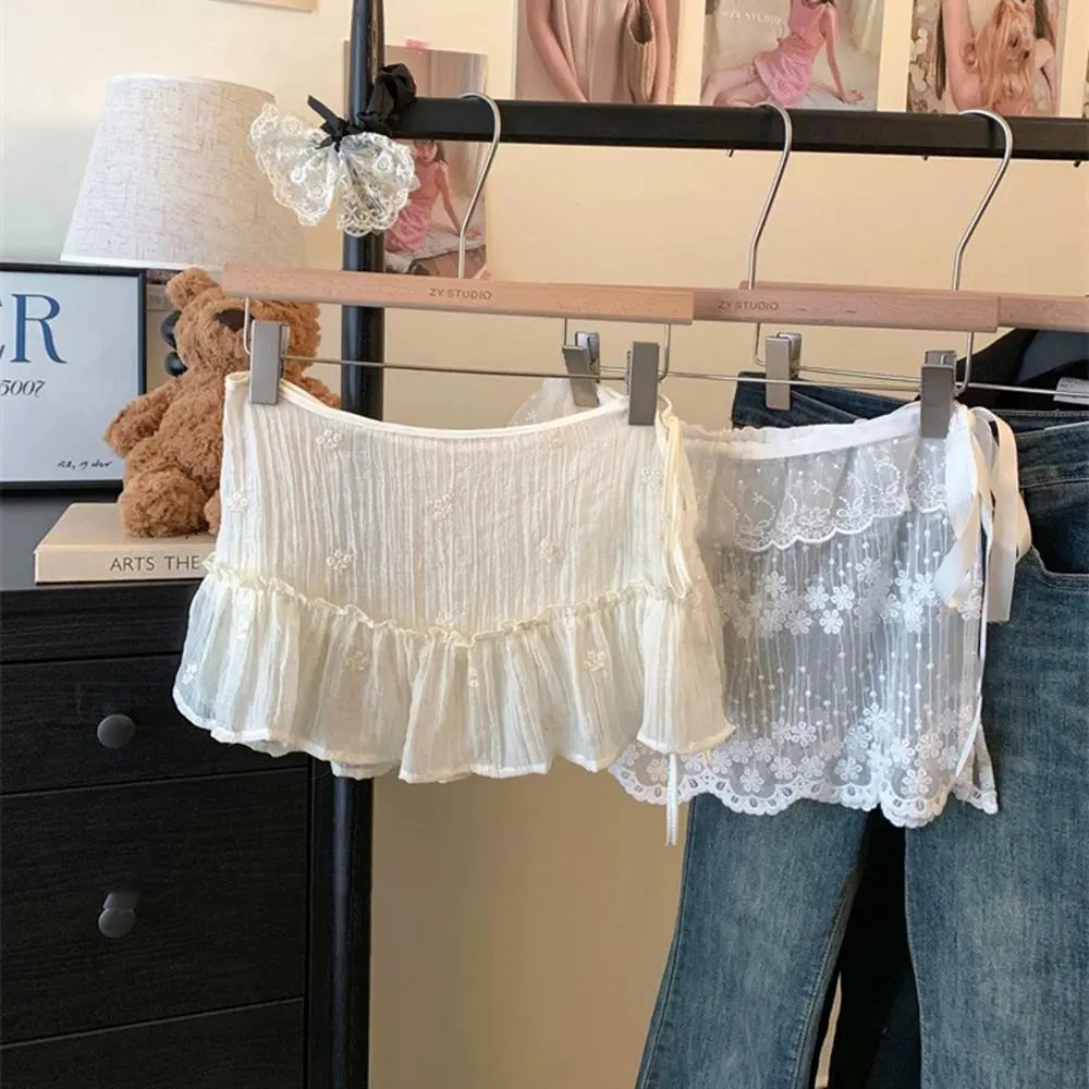 Lace-up Fashion Fart Curtain Y2k White Skirt For Women Pleated Lace Korean Style Skirt Curtain Floral Printed Casual Mini Skirts