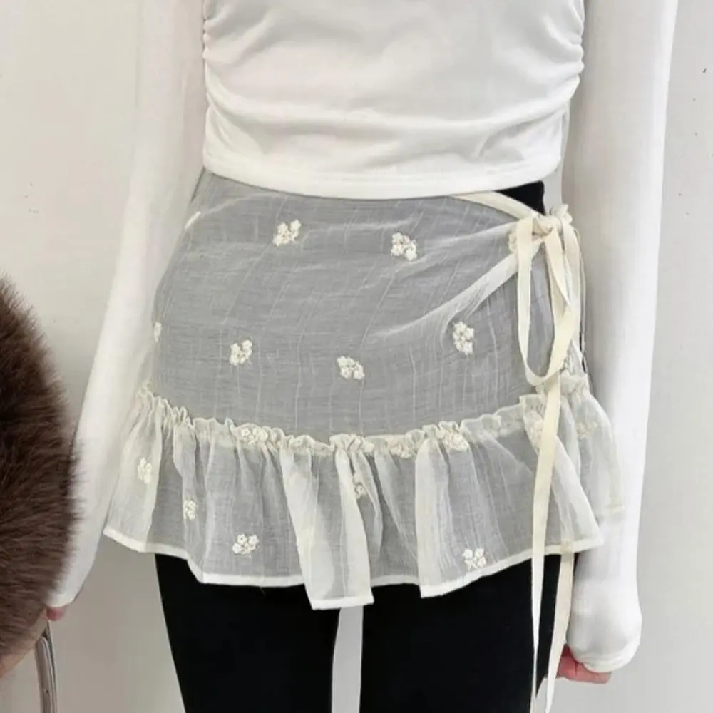 Lace-up Fashion Fart Curtain Y2k White Skirt For Women Pleated Lace Korean Style Skirt Curtain Floral Printed Casual Mini Skirts