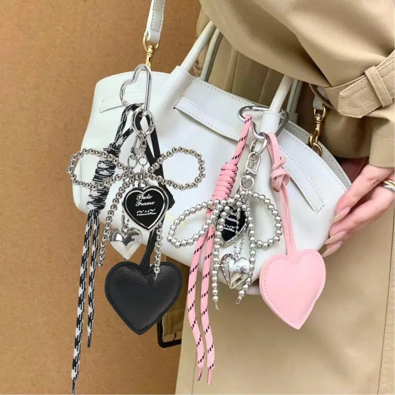 Korean Leather Love Heart Pearl Bow Keychain Handmade Woven Rope Keyring Y2k Bag Pendant Jewelry Sports Hanging Accessories