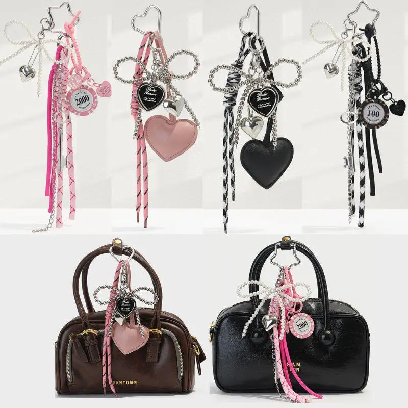 Korean Leather Love Heart Pearl Bow Keychain Handmade Woven Rope Keyring Y2k Bag Pendant Jewelry Sports Hanging Accessories