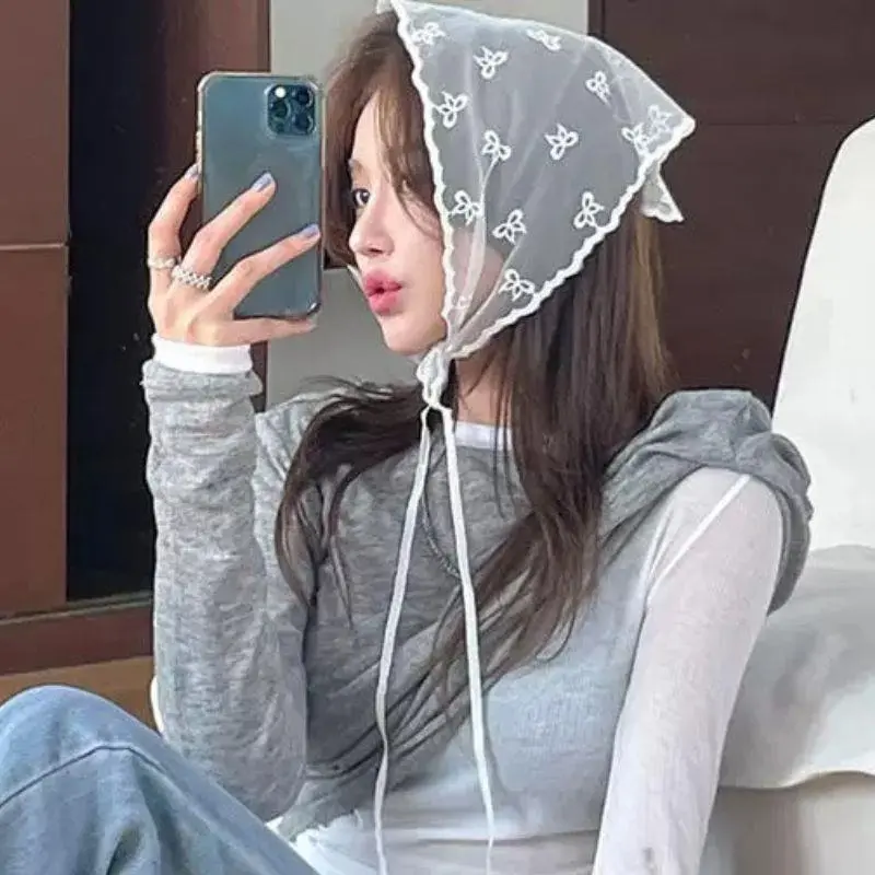 Lace Mini Skirts Women Elegant Sweet Lolita Short Skirt High Waist Y2k Ruffle Skirt Style French Lace Triangular Scarf Headscarf