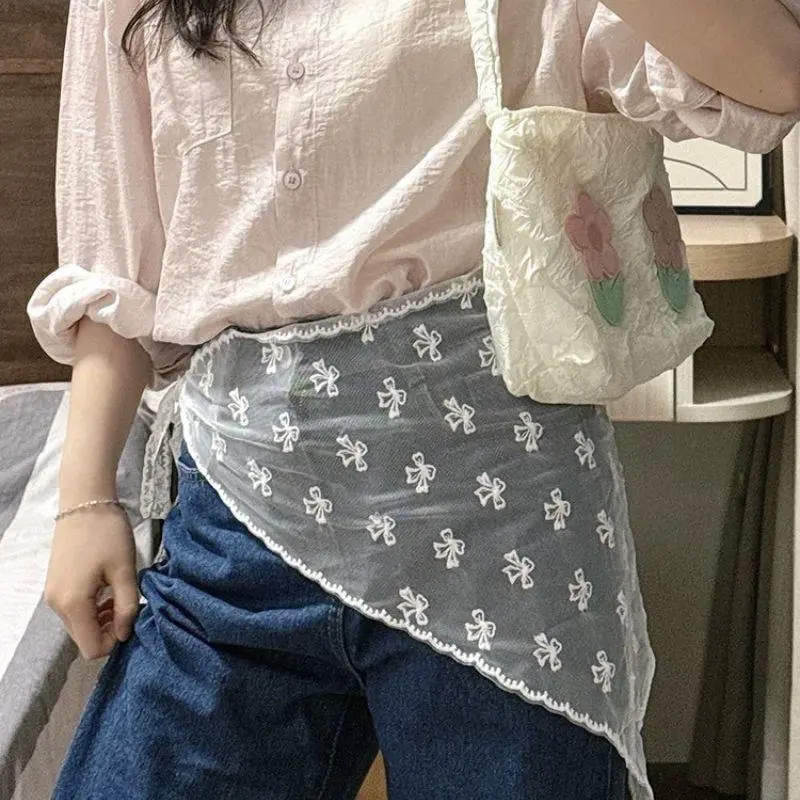 Lace Mini Skirts Women Elegant Sweet Lolita Short Skirt High Waist Y2k Ruffle Skirt Style French Lace Triangular Scarf Headscarf
