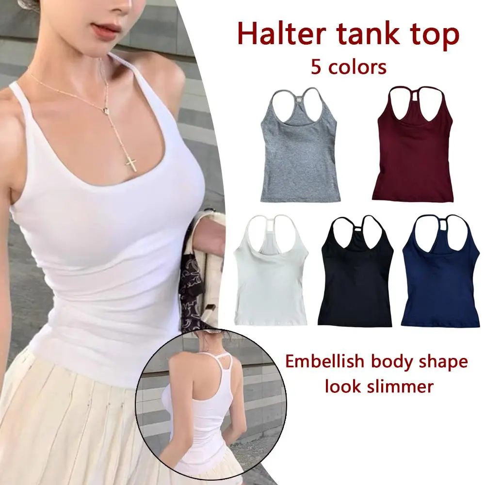 Korean Halter Base Tops Suspender Vest Hot Girls T-shirt With Chest Pads Slim Summer Backless Female Tops Solid Color Women Top