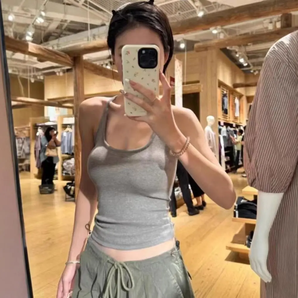Korean Halter Base Tops Suspender Vest Hot Girls T-shirt With Chest Pads Slim Summer Backless Female Tops Solid Color Women Top