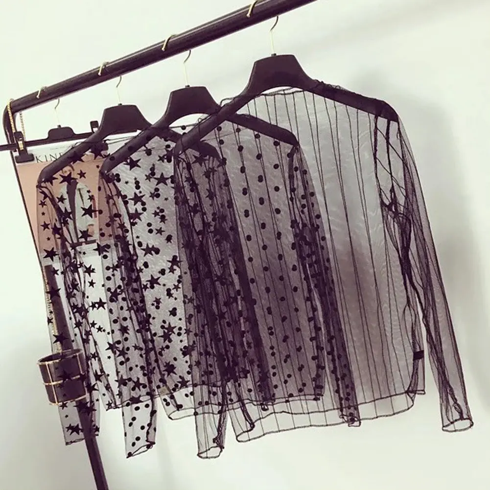 Elegant Lace T-shirt For Women Mesh Long Sleeve Tops See Through Top Transparent Sheer Blouse  High Neck Bottoming Shirts