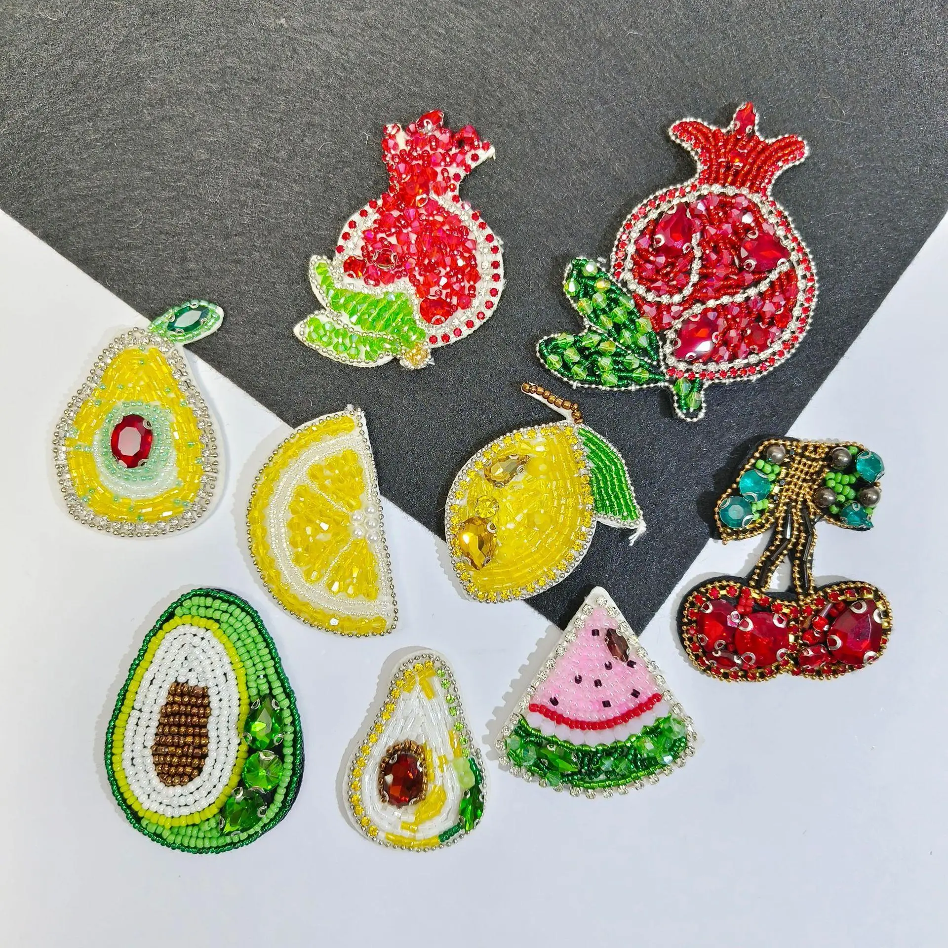 Handmade Beads Patches Lemon Guava Watermelon Avocado Fruit Sequins Rhinestone Beaded Appliques Patches DIY Clothing Accessories