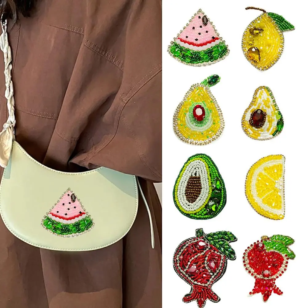 Handmade Beads Patches Lemon Guava Watermelon Avocado Fruit Sequins Rhinestone Beaded Appliques Patches DIY Clothing Accessories