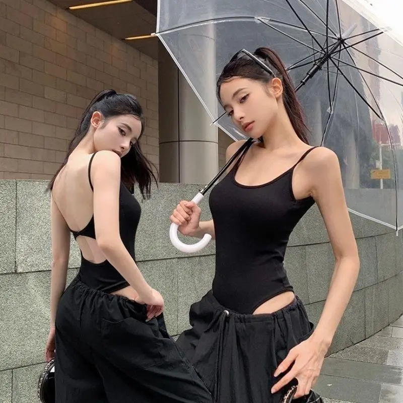Sexy Black Open-Back Tank Top Women's Inner Wear Summer Cotton Outerwear Trendy Red Vest Wearable Underwear for Women Girls