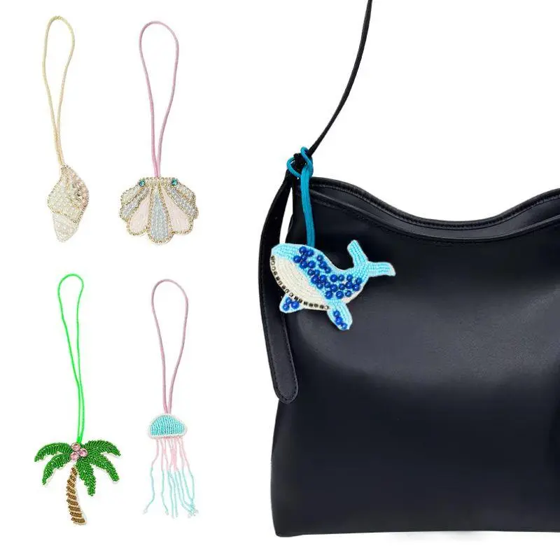 Whale Coconut Tree Starfish Hanging Rope Keychain 3d Handmade Rhinestone Beaded Patches Crystal Bag Lanyard Hanging Decoration