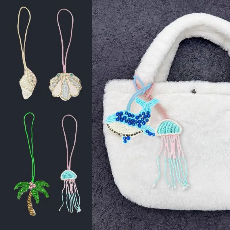 Whale Coconut Tree Starfish Hanging Rope Keychain 3d Handmade Rhinestone Beaded Patches Crystal Bag Lanyard Hanging Decoration