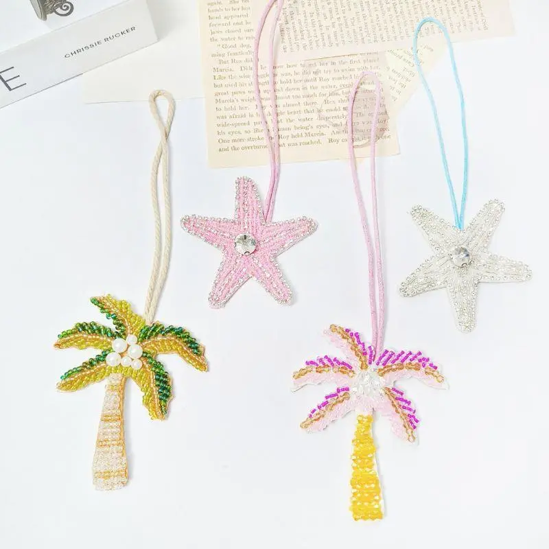 New Coconut Tree Applique Patch Crystal Starfish Sequin Handmade Beaded Clothing Sew On Patches Hanging Rope Keyring Bag Pendant
