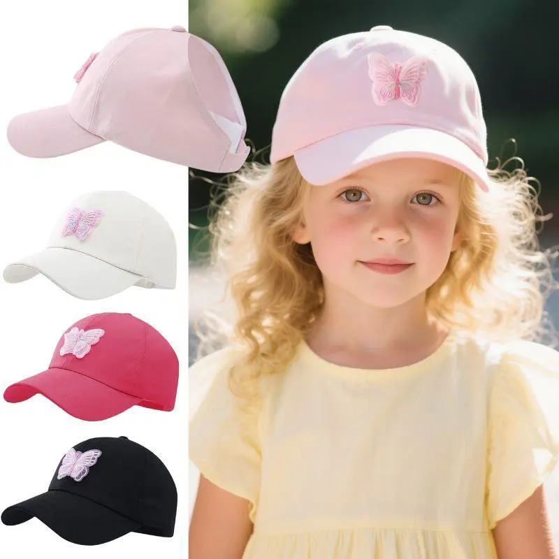 Summer Children Butterfly Sun Hat Girls Ponytail Hats 5-10Year Kids Empty Top Baseball Cap Outdoor Baby Sunshade Visors