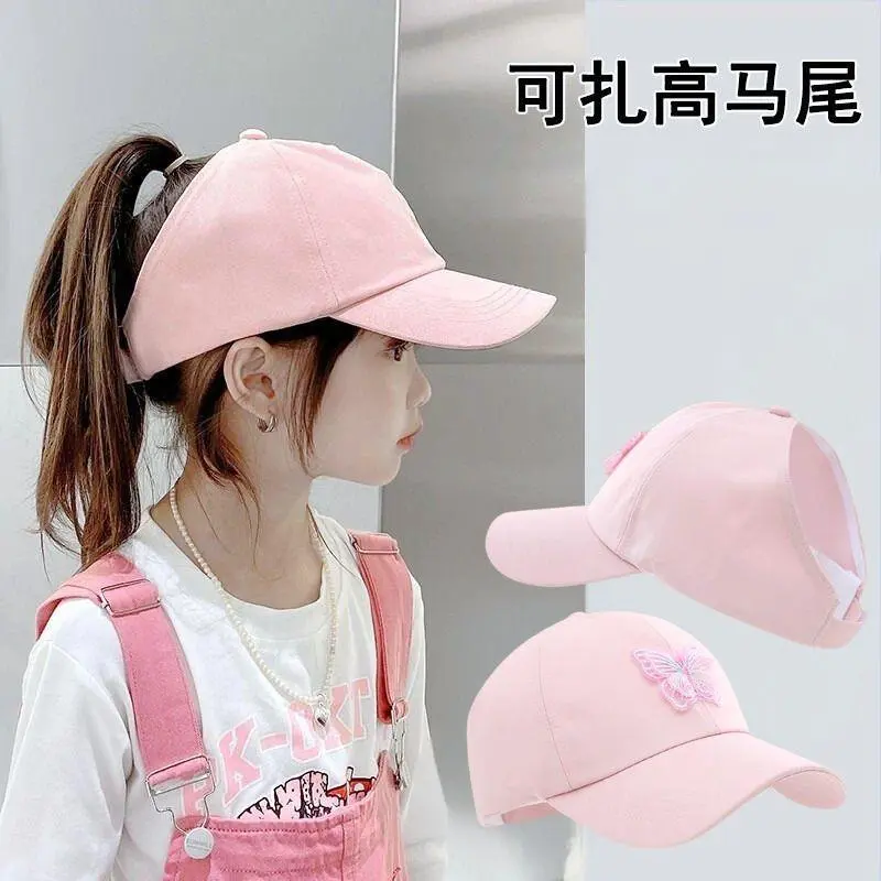Summer Children Butterfly Sun Hat Girls Ponytail Hats 5-10Year Kids Empty Top Baseball Cap Outdoor Baby Sunshade Visors