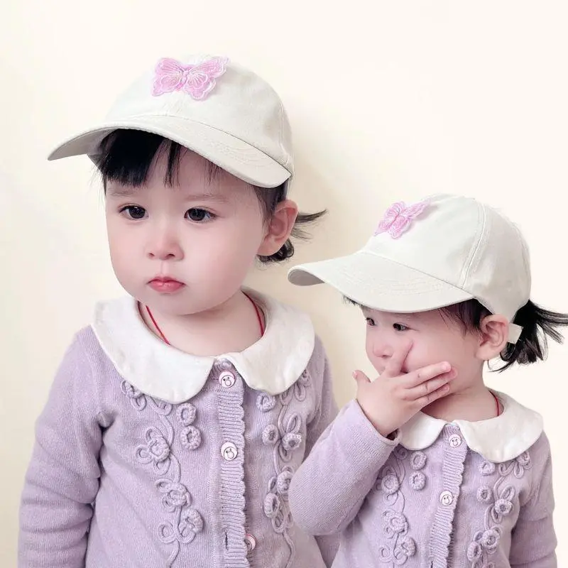 Summer Children Butterfly Sun Hat Girls Ponytail Hats 5-10Year Kids Empty Top Baseball Cap Outdoor Baby Sunshade Visors